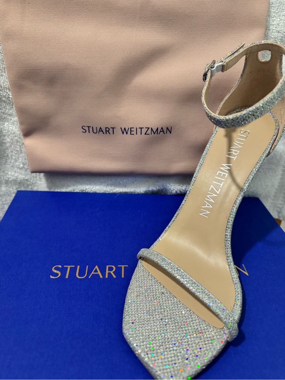 Stuart Weitzman Glittery Silver Ankle-Strap Heels